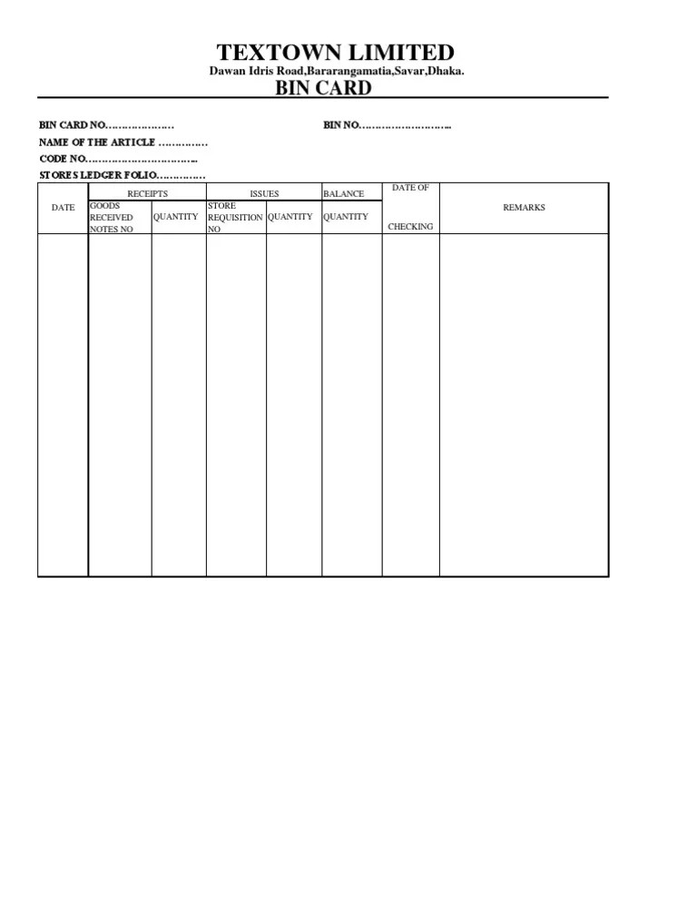 Bin Card PDF Business