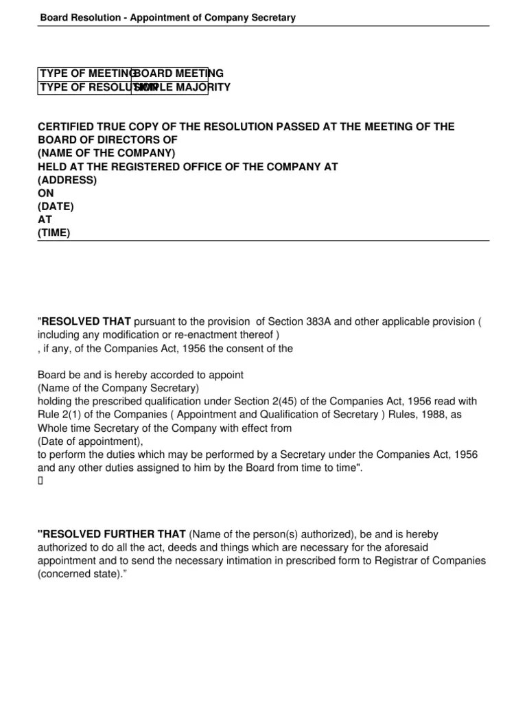Board Resolution Appointment of Company Secretary