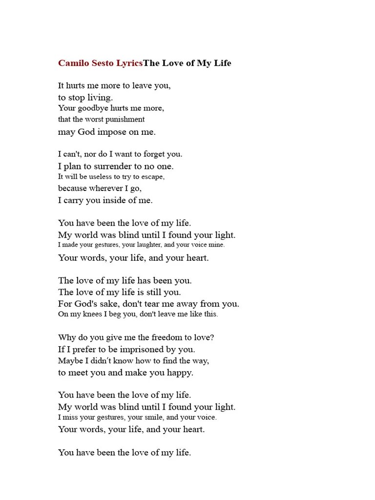 The Love of My Life Lyrics PDF