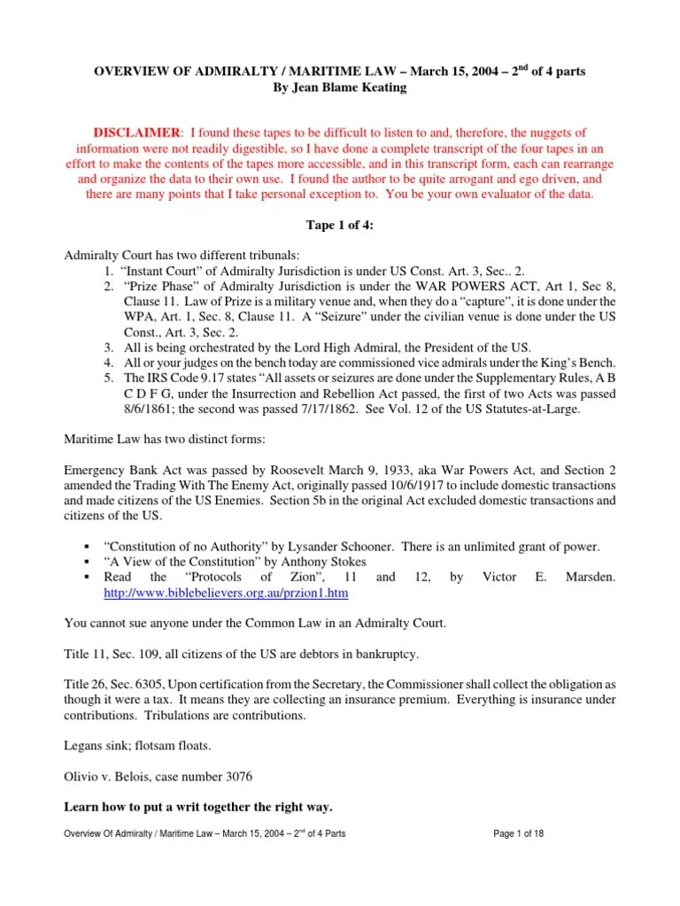 Overview of Admiralty Maritime Law March 15 2004 Jean Keating