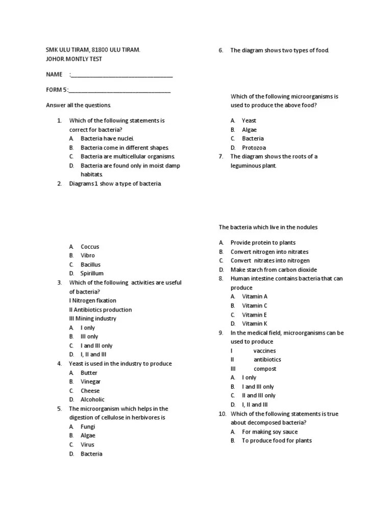 Answer All the Questions Bacteria