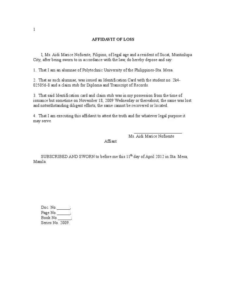 Affidavit of Loss Template Printable PDF Word Free Legal.