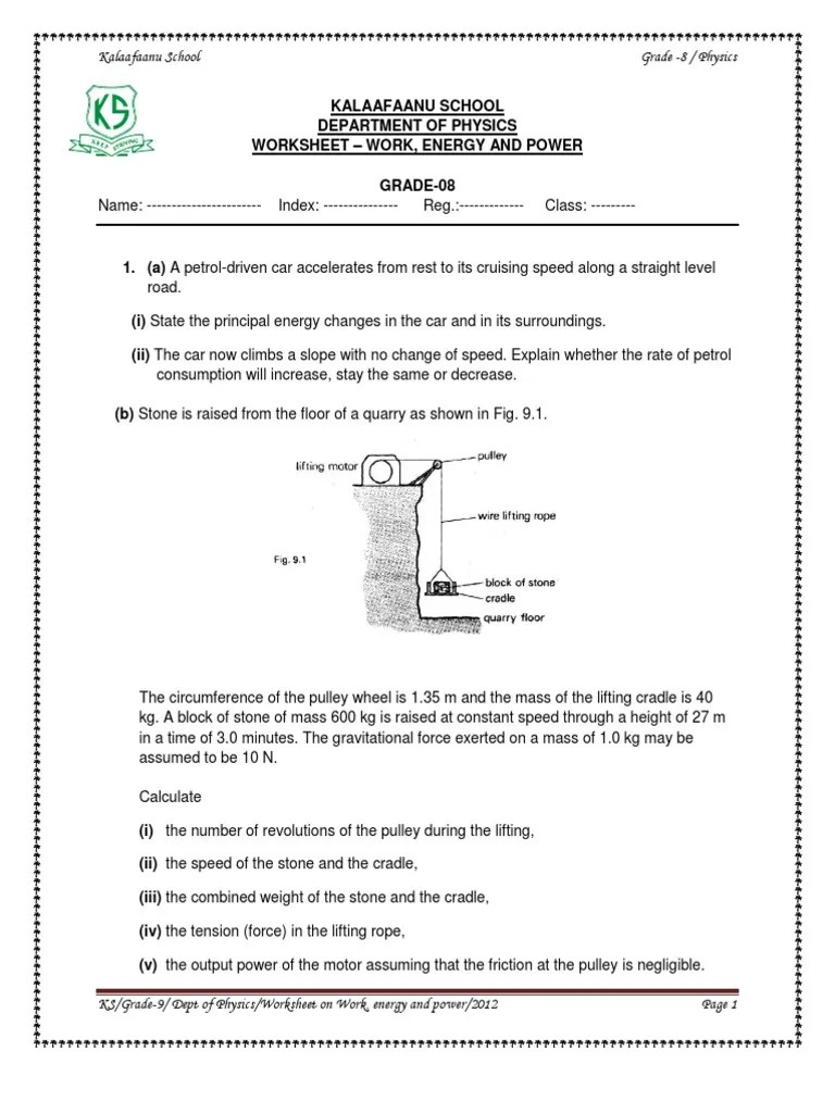 Work, Energy and Power Worksheet Hammer Mass