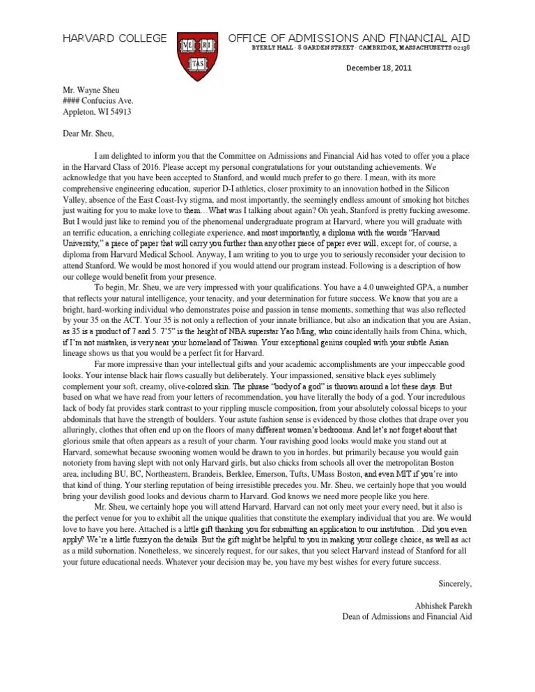 Harvard Acceptance Letter Harvard University Academia