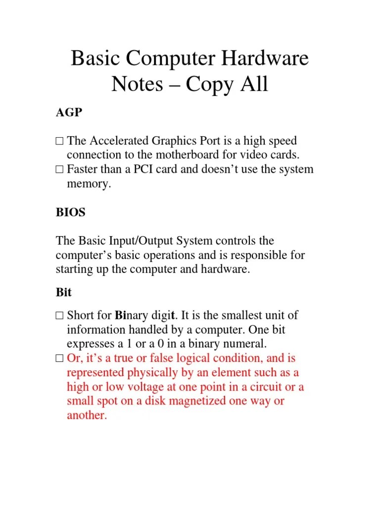 Basic Computer Hardware Notes Computer Data Storage Bit Free 30