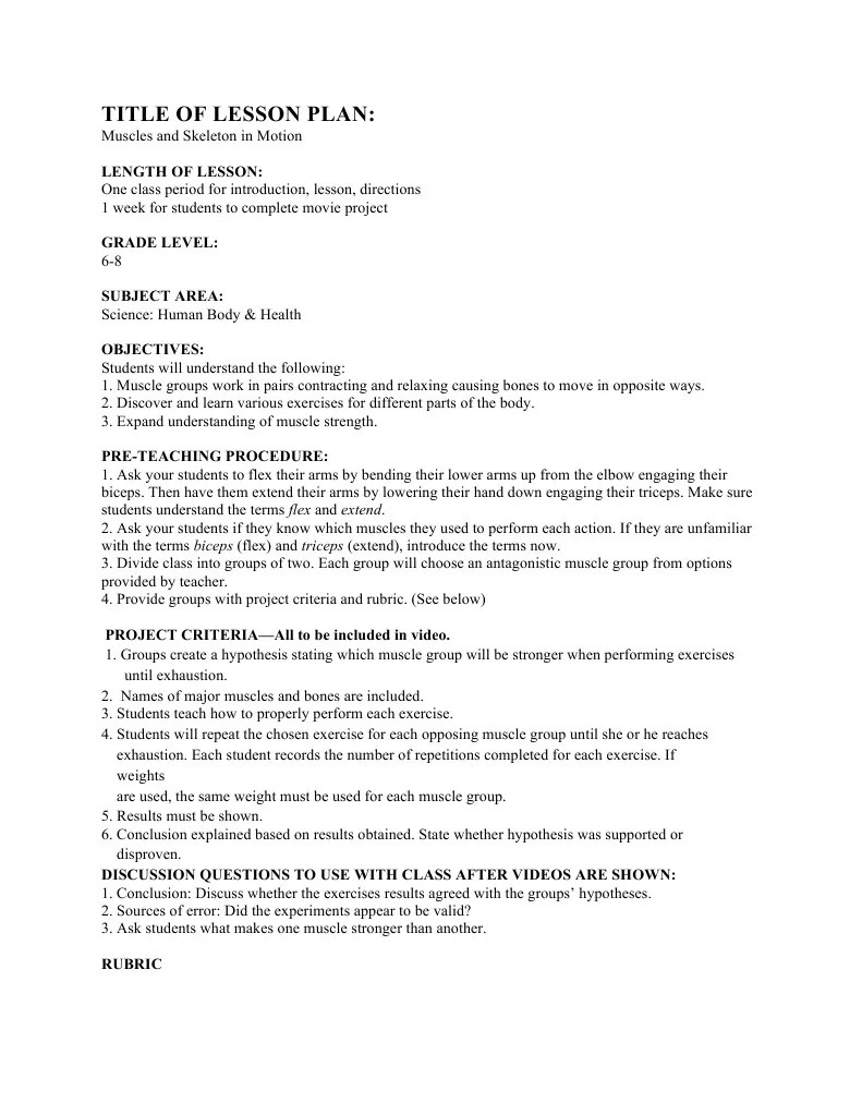 Movie Lesson Plan Project Criteria Rubric PDF Arm Hypothesis