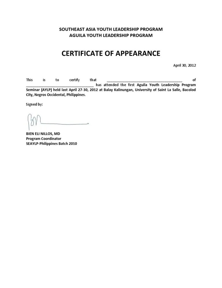 Certificate of Appearance PDF