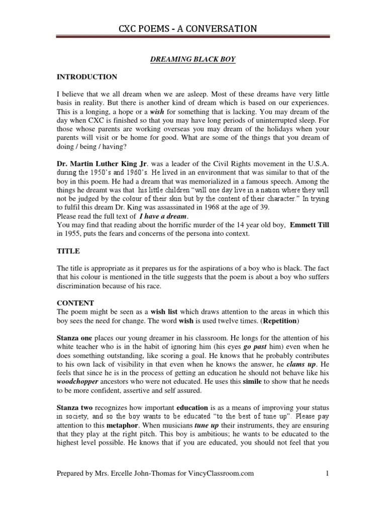 Cxc Poem Dreaming Black Boy Dream Poetry