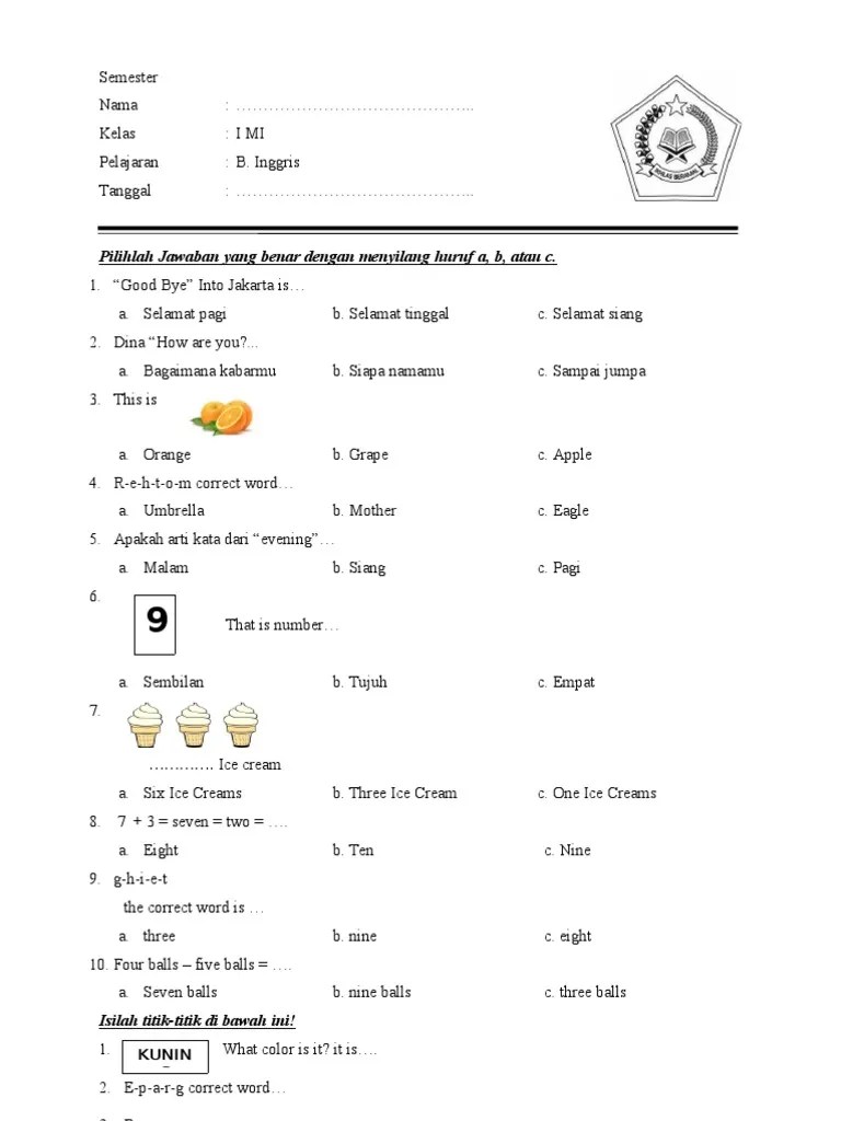 id Soal SD Kelas 1 Latihan Ulangan Semester I Bahasa Inggris (Madrasah Ibtidaiyah