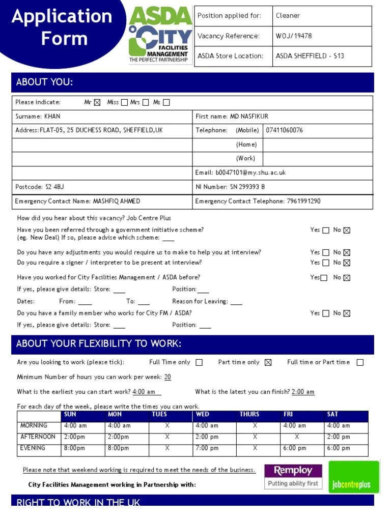 City Facilities Management ASDA Cleaning Application Form