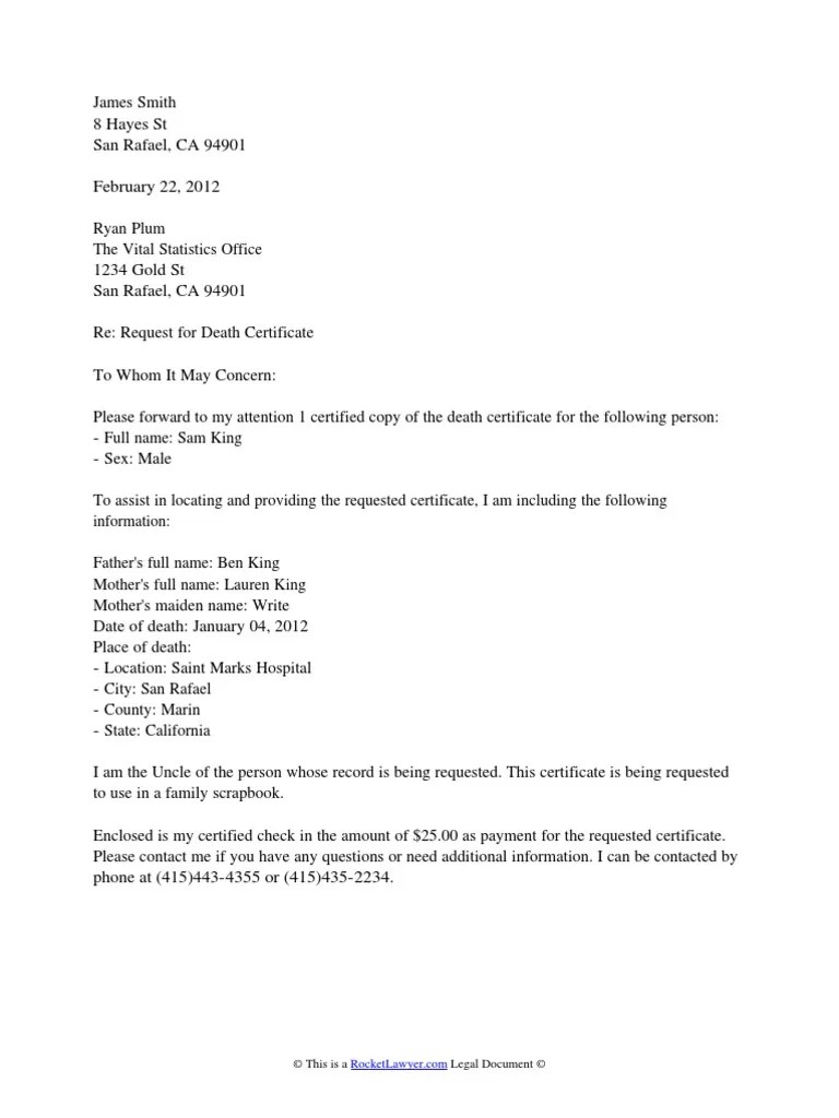 Death Certificate Request Letter