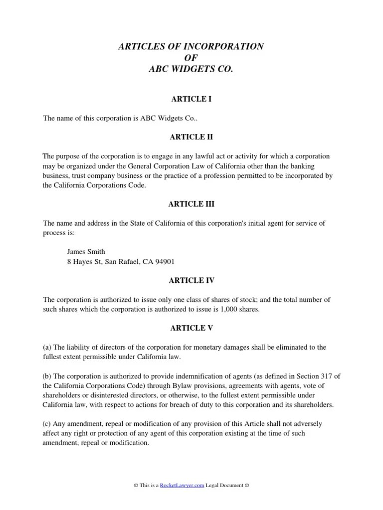 Articles of Incorporation for California