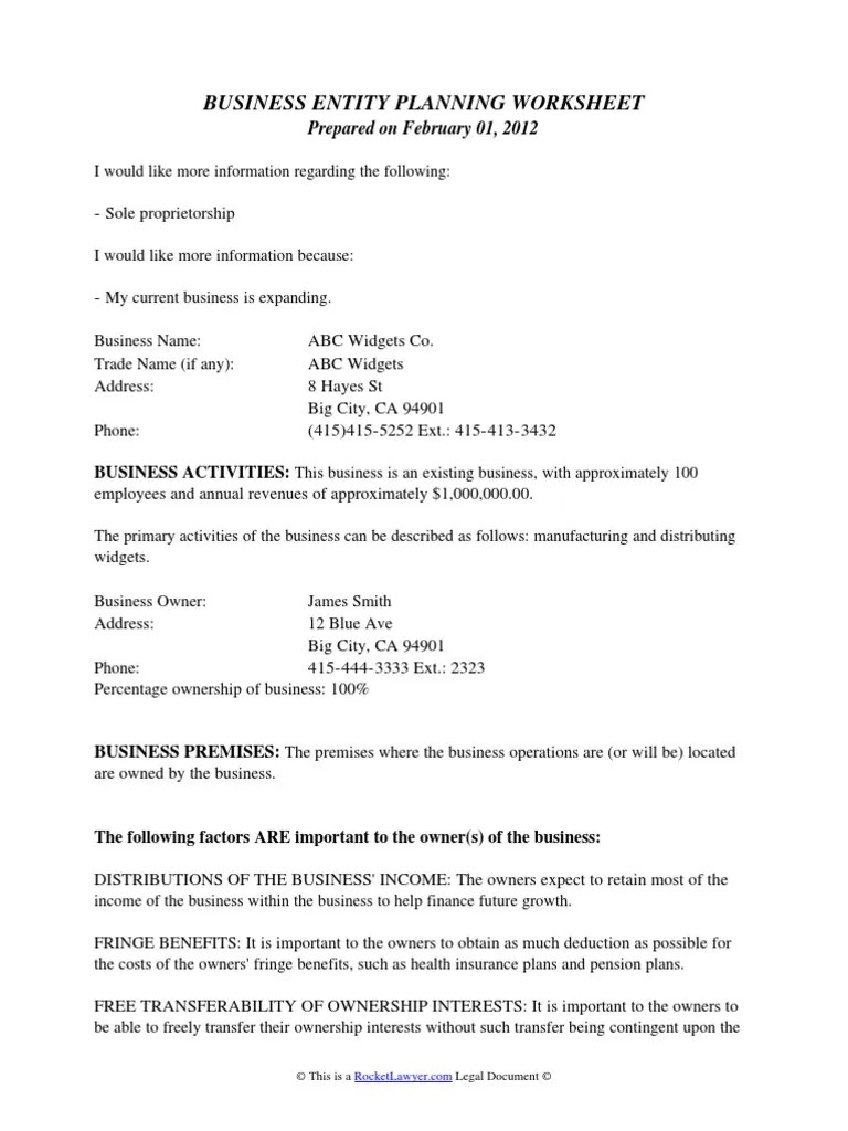 Business Entity Planning Worksheet PDF Ownership Limited Liability Company