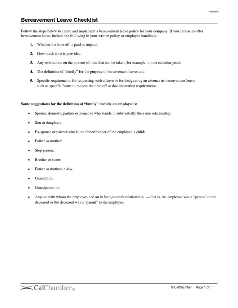 Bereavement Leave Checklist PDF Grief Behavioural Sciences