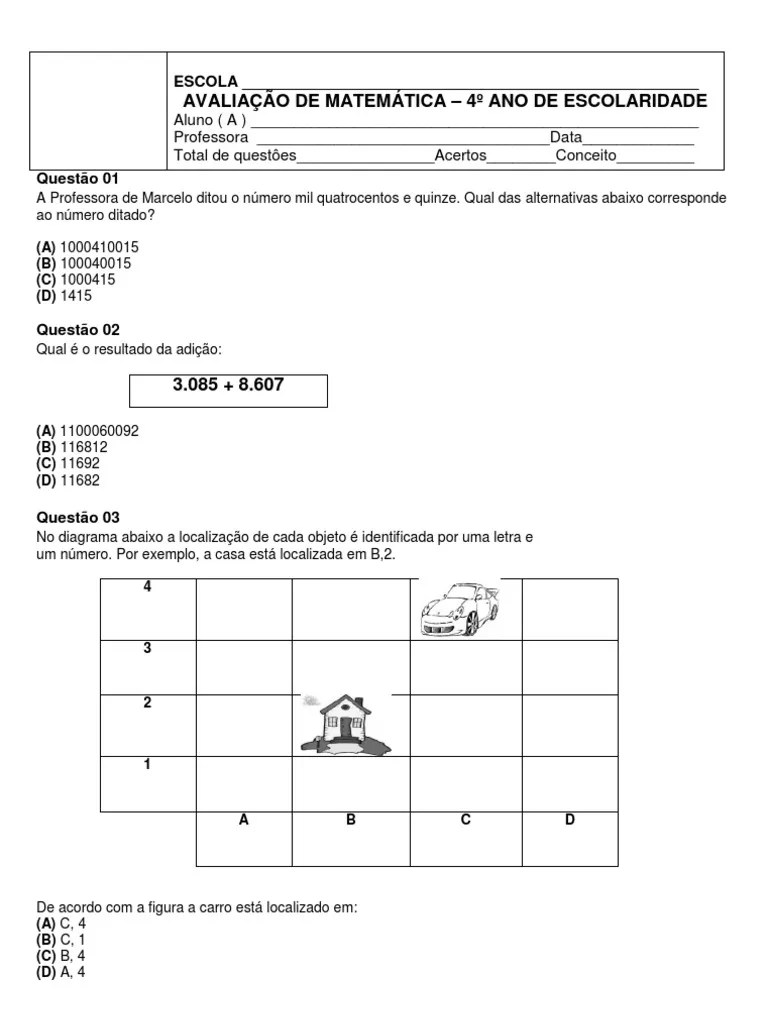 prova de matemática 4º ano de escolaridade