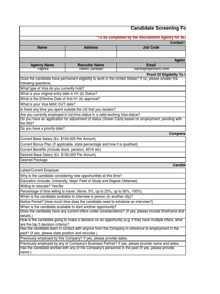 Screening Form PDF Recruitment Employment