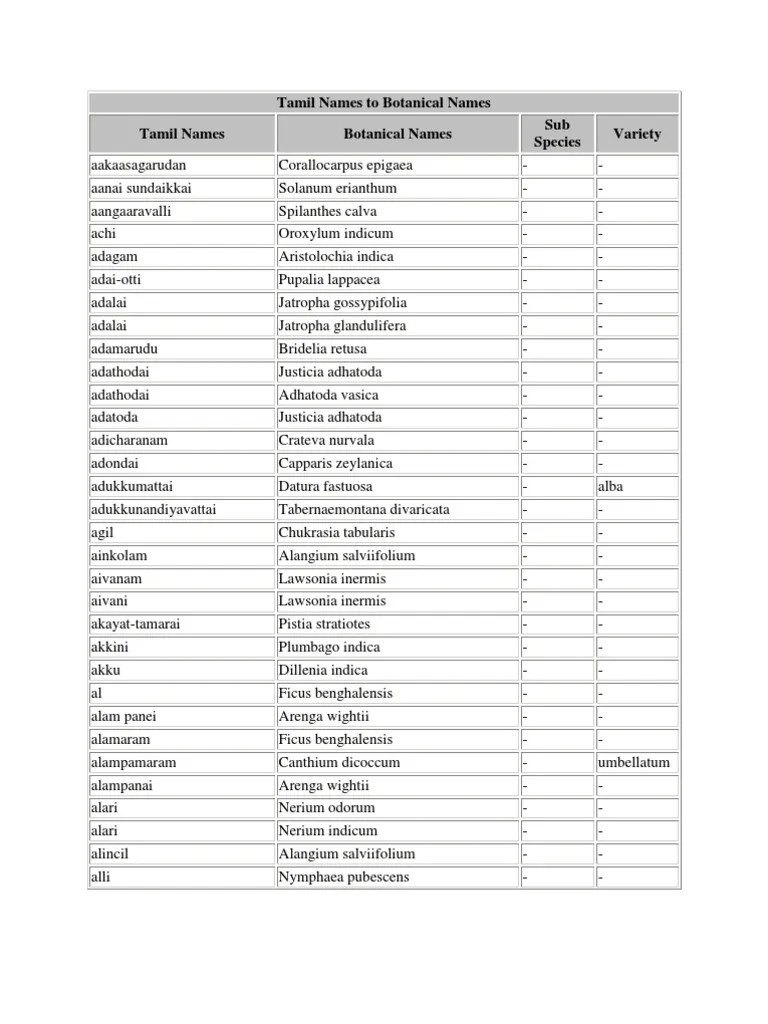 Tamil Names to Botanical Names