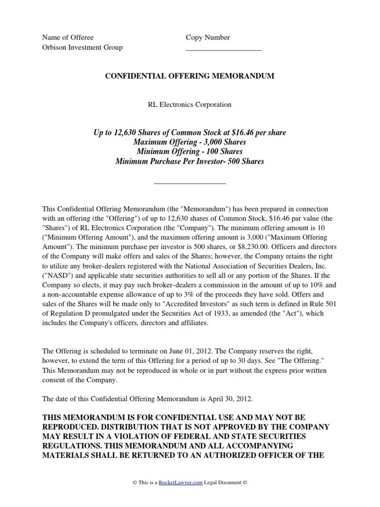 Offering Memorandum Securities Act Of 1933 Stocks
