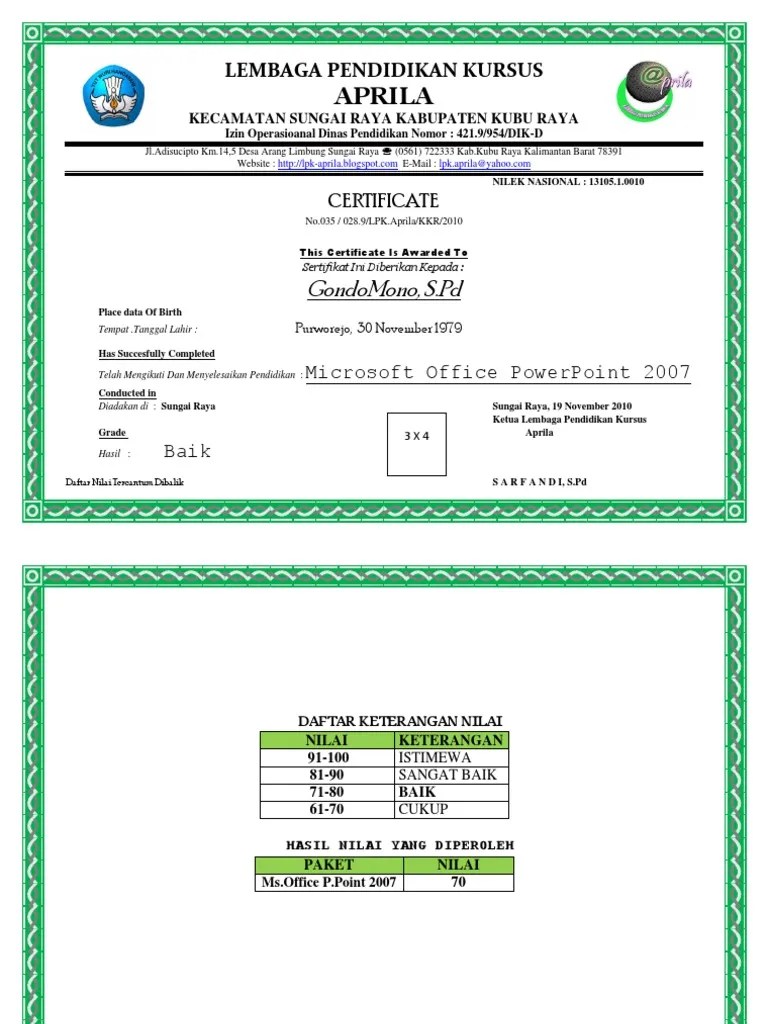 sertifikat Kursus Komputer