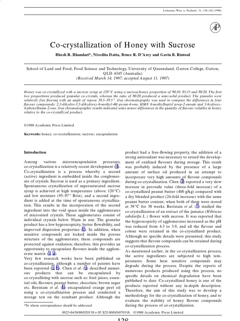 CoCrystallization of Honey With Sucrose PDF Honey Crystallization