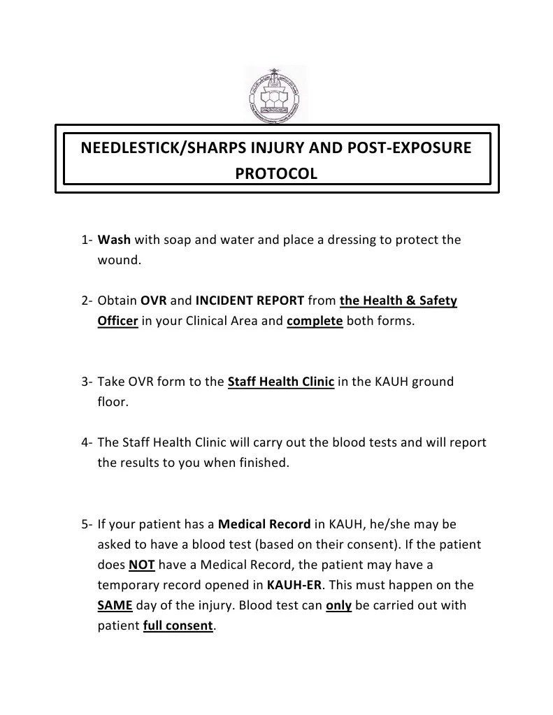 Needlestick/Sharps Injury and PostExposure Protocol Officer in Your