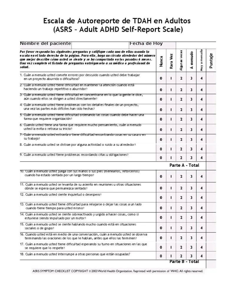 ASRS Adult ADHD SelfReport Scale Trastornos de atención Desorden