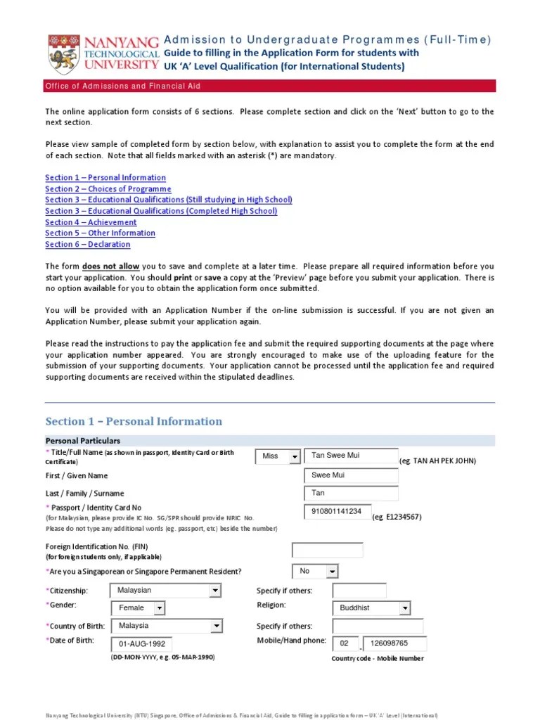 Application Form For Ntu PDF Secondary School Advanced Placement