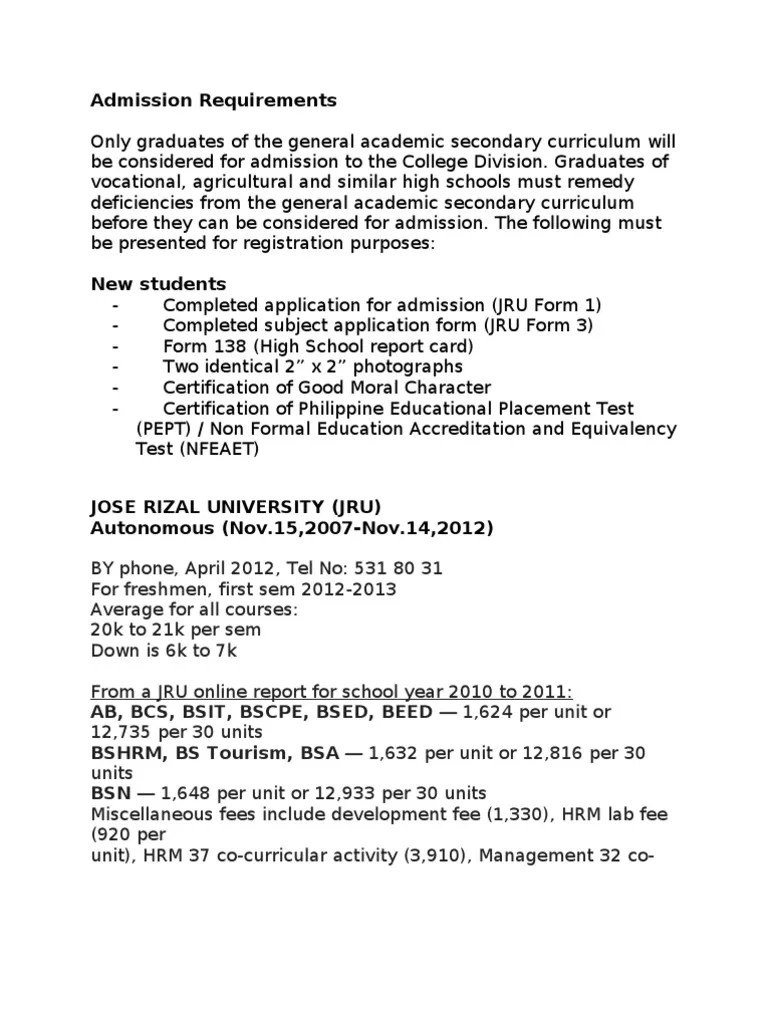 JRU Admission Requirements Bachelor�s Degree Bachelor Of Science