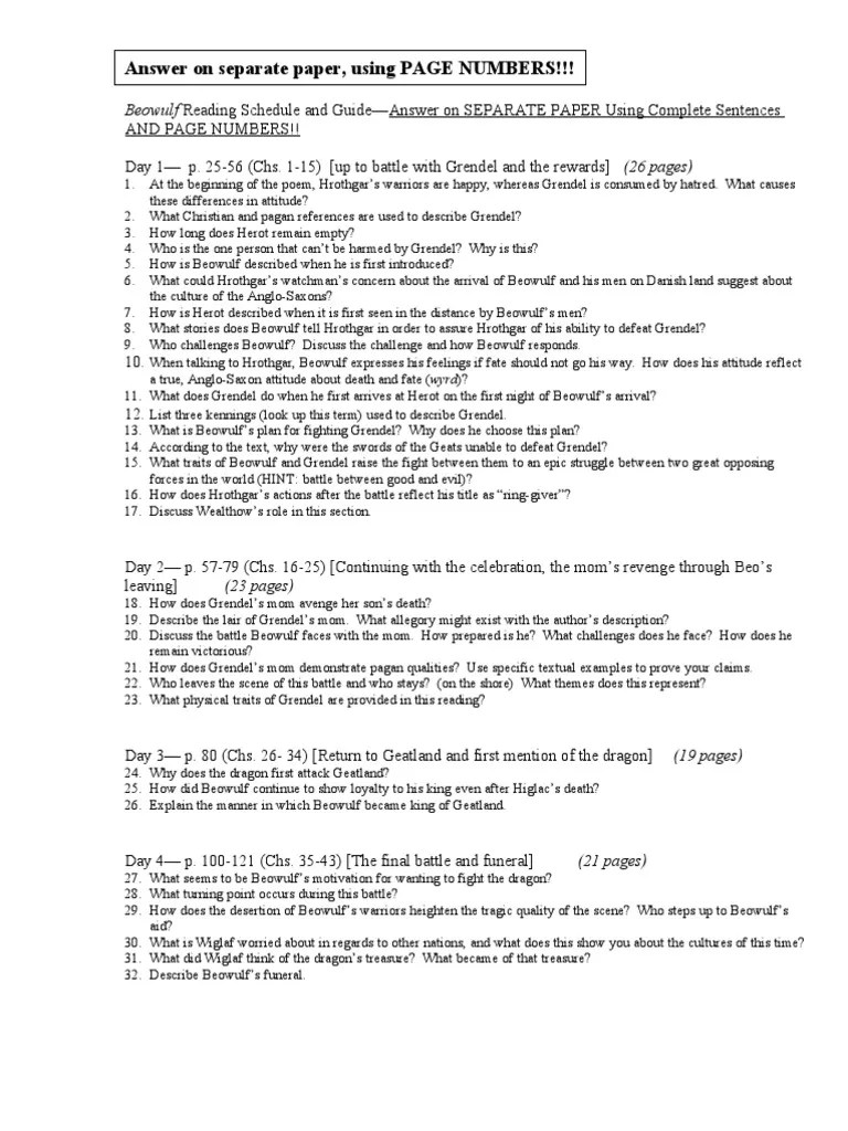 Beowulf Reading Guide | Beowulf | English Heroic Legends