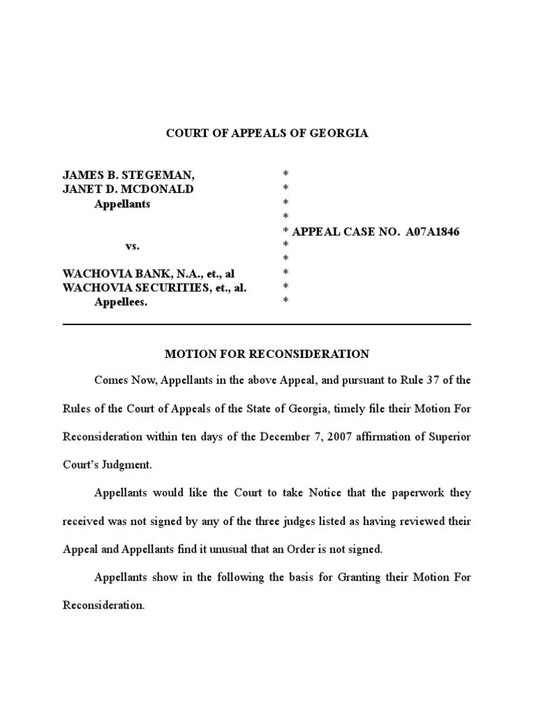 Motion for Reconsideration (GA Court of Appeals) Concurrent Estate