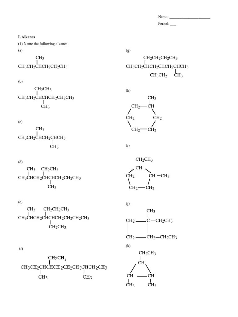 Practice Naming Hydrocarbons PDF Alkane Hydrogen