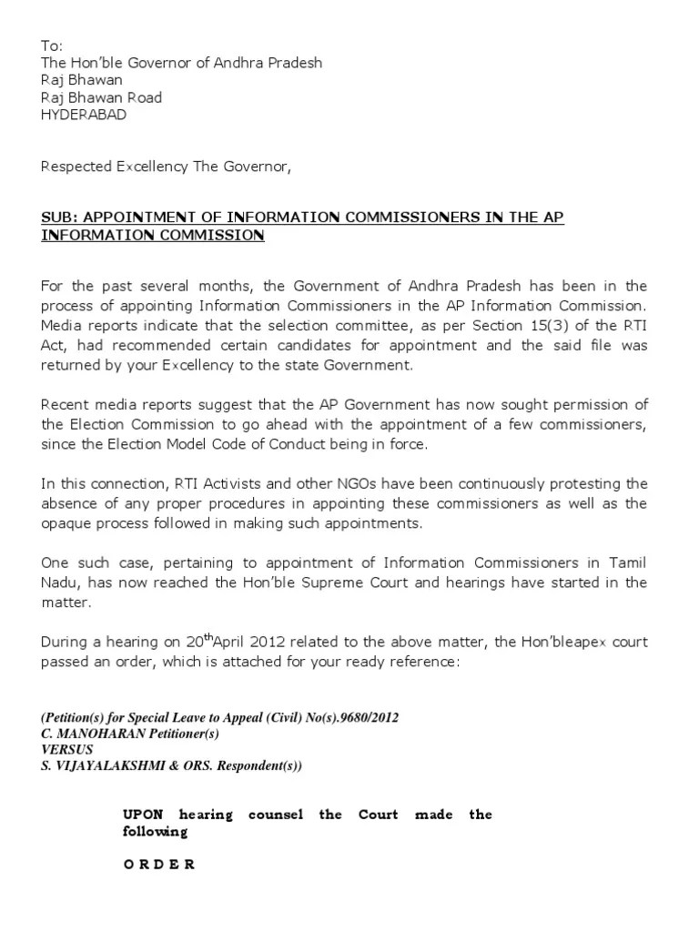 Letter to Governor Appointment of ICs Supreme Court Order Supreme