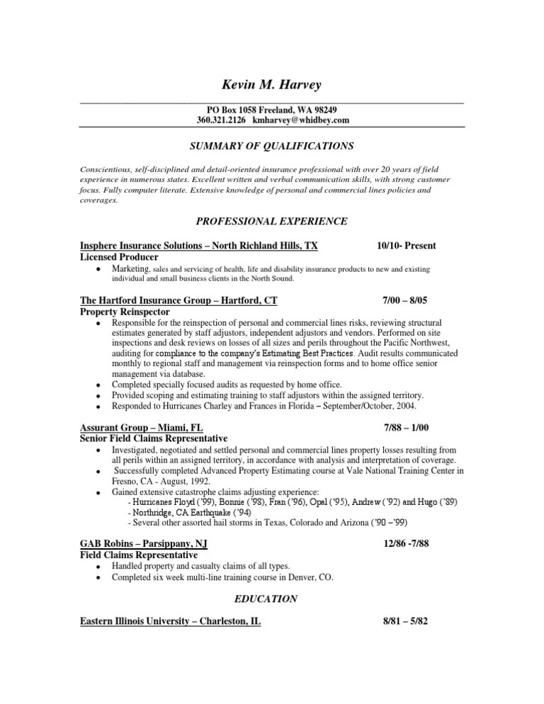 Senior Property Field Claims Adjuster in Seattle WA Resume Kevin Harvey