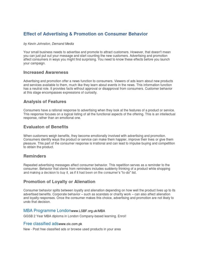 Effect of Advertising on Consumer Behaviour Consumer Behaviour