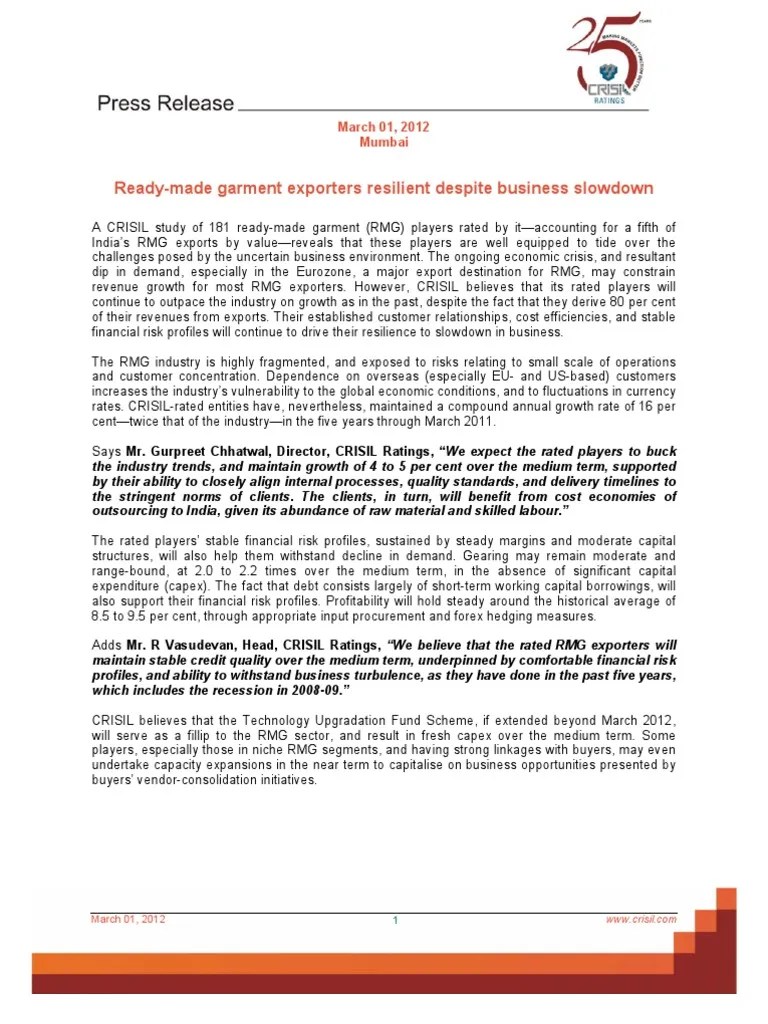 CRISIL Ratings Readymade Garments 010312 PDF Economic Growth Privacy