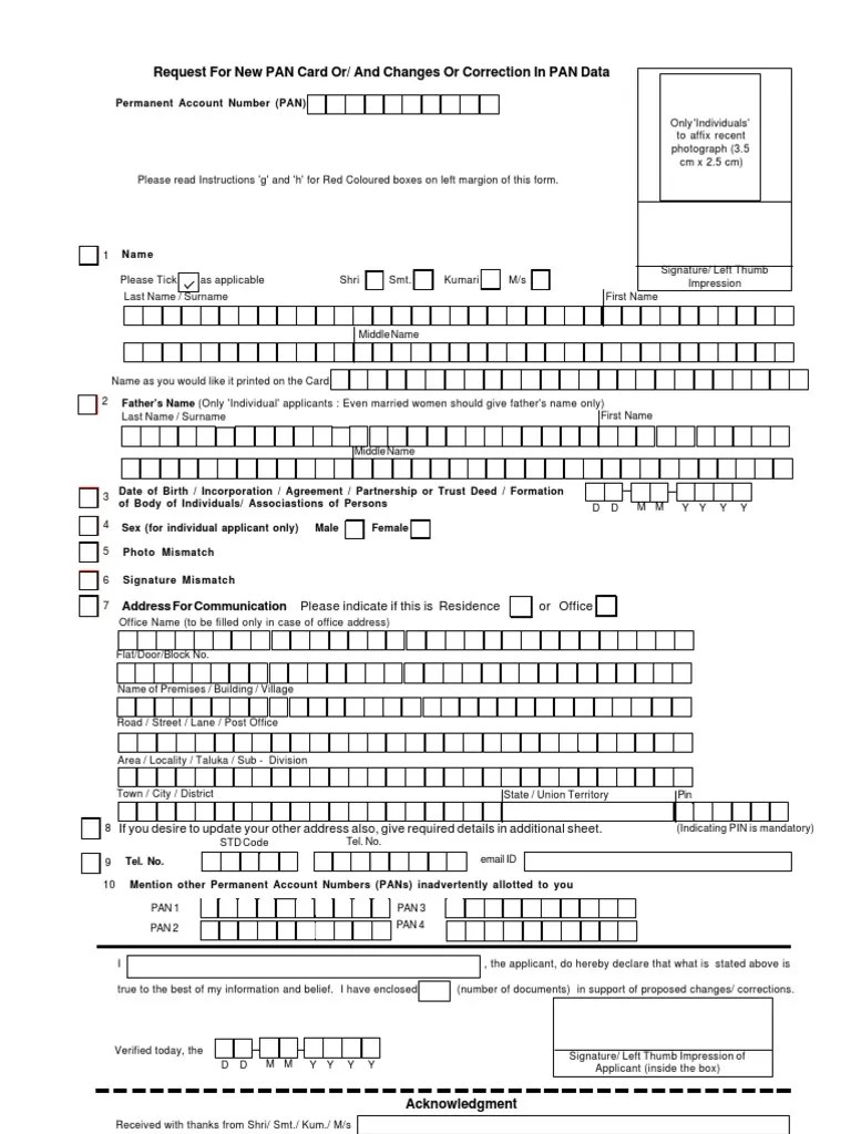 Pan Card Correction Form Privacy Authentication