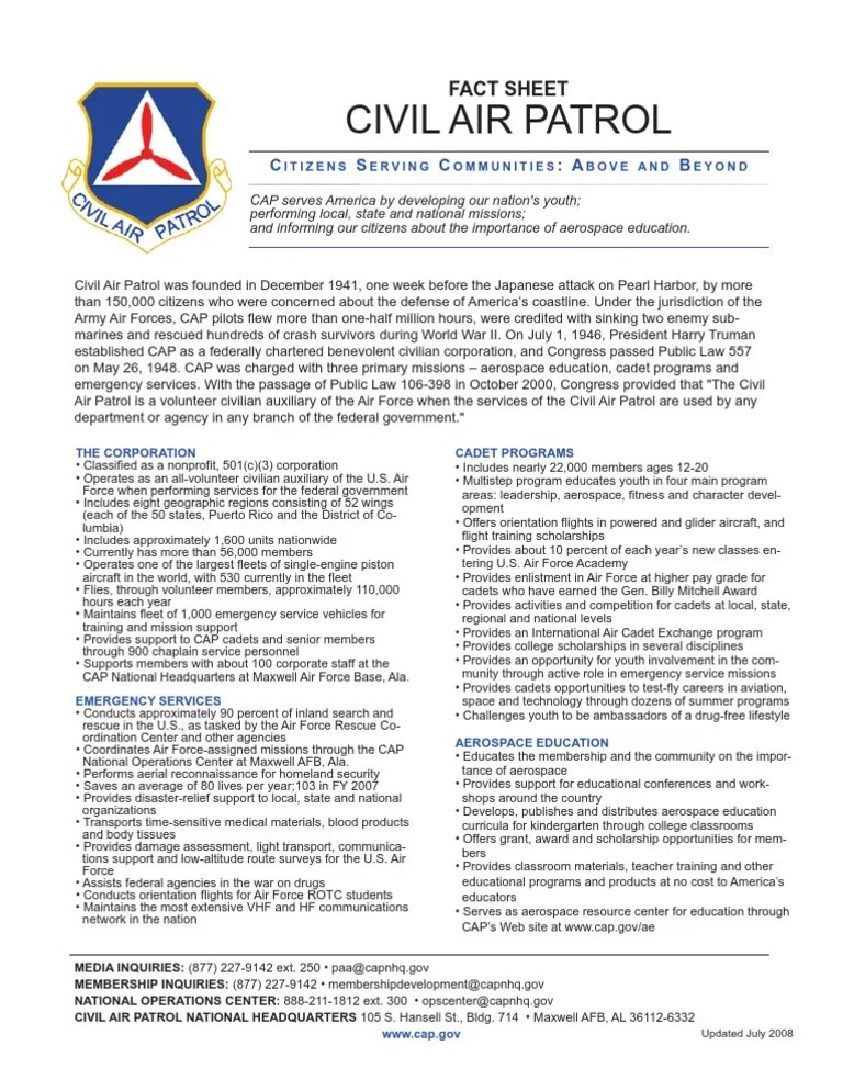 Civil Air Patrol Fact Sheet PDF Civil Air Patrol Military