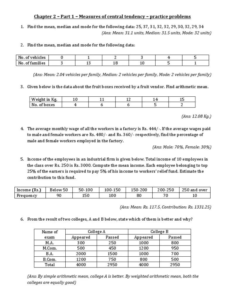 Chapter 2 - Part 1 - Measures of Central Tendency - Practice Problems