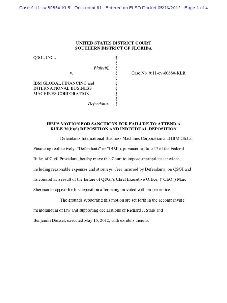 IBM Motion For Sanctions For Failure To Attend Rule 30 (B) (6