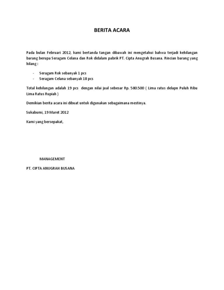 Author mei 20, 2021 surat pernyataan adalah surat yang dibuat itulah beberapa contoh surat pernyataan yang bisa anda buat sesuai dengan ike nofalia, s.kom. Contoh Surat Berita Acara Kehilangan Barang Sekolah Download Kumpulan Gambar