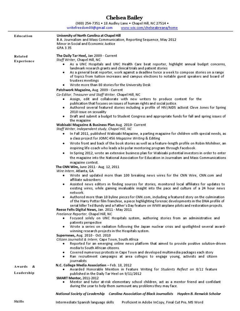 Bailey Resume | University Of North Carolina At Chapel Hill | News