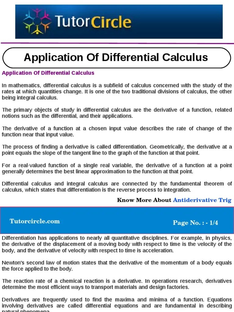 Application of Differential Calculus PDF Differential Calculus