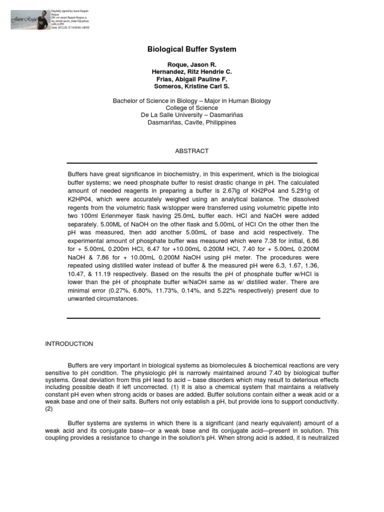 Biological Buffer System PDF Ph Buffer Solution