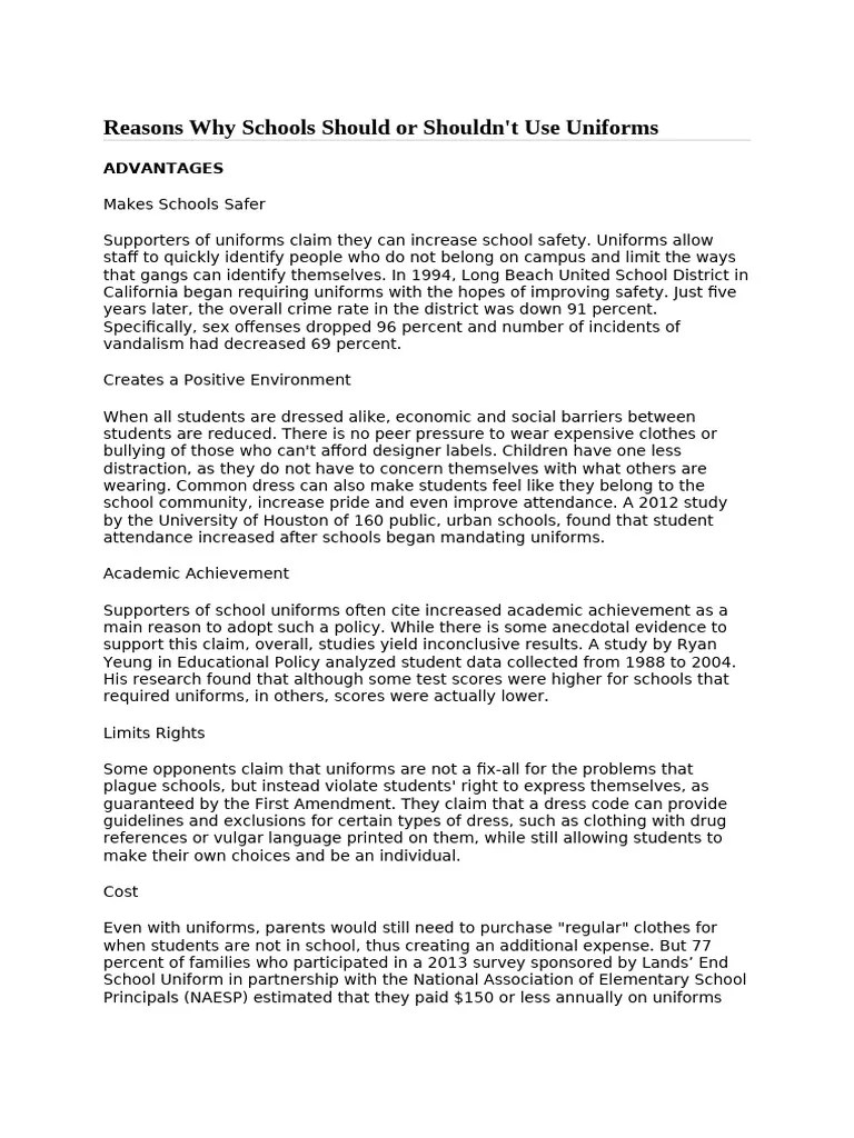 Reasons Why Schools Should Or Shouldnt Wear Uniforms Pdf Social Policy