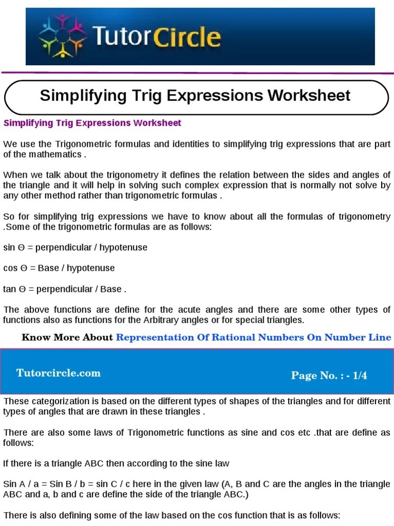 Simplifying Trig Expressions Worksheet Trigonometric Functions Sine
