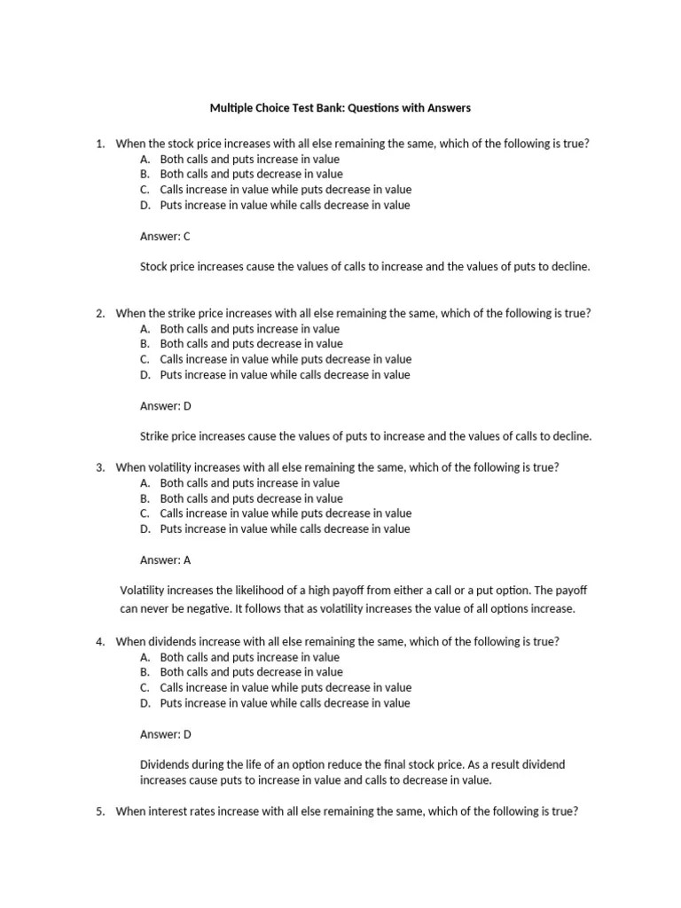 Stock Options MCQ Test Bank with Answers PDF Option (Finance) Put