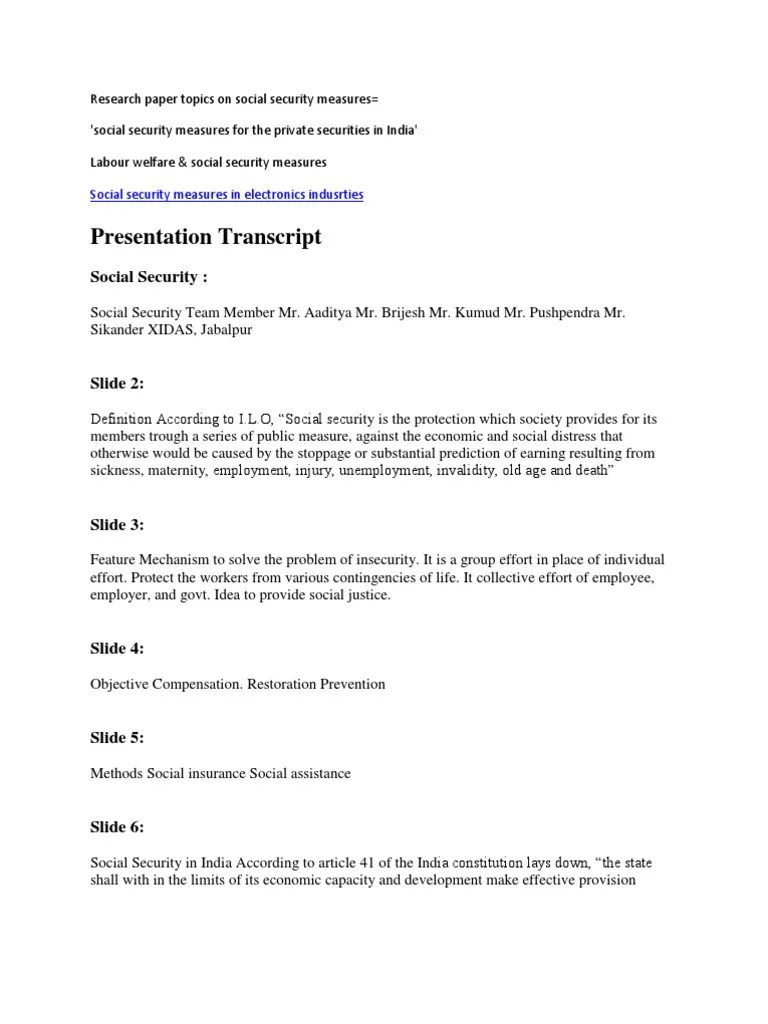 Research Paper Topics on Social Security Measures Welfare Pension