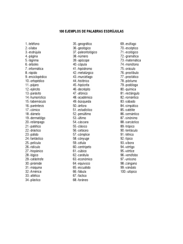 100 EJEMPLOS DE PALABRAS ESDRÚJULAS