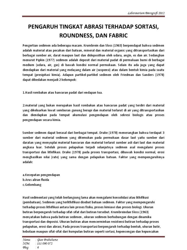 Pengaruh Tingkat Abrasi Terhadap Sortasi, Fabric, Roundness | PDF