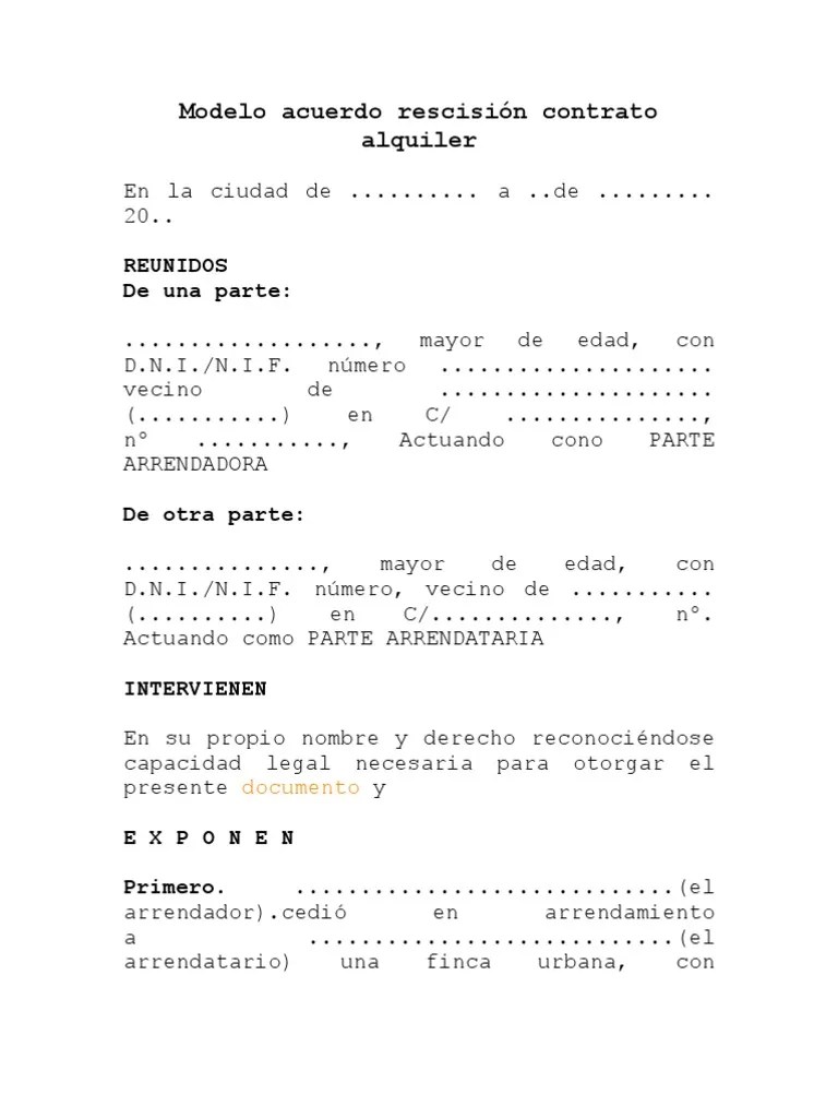 Modelo acuerdo rescisión contrato alquiler